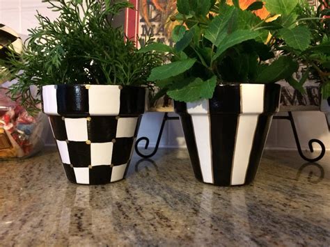 Black And White Checkered Pot Planter Three Piece Set Etsy