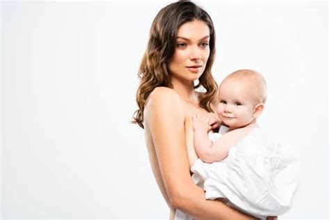 Portrait Happy Naked Mother Looking Baby Isolated White Stock Photo IgorVetushko