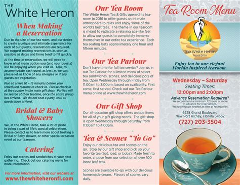 The White Heron Tea & Gifts menu in New Port Richey, Florida, USA