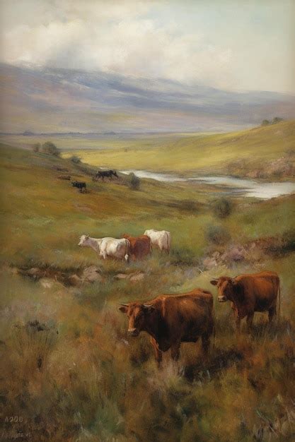 Premium AI Image | A painting of cows in a field with a lake in the ...