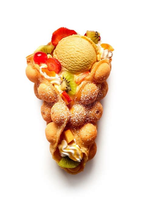 Egg Waffle With Ice Cream And Berries With Fruits Stock Image Image