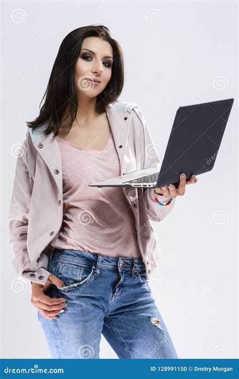 Cute And Sensual Caucasian Brunette Girl Posing With Laptop Stock Photo Image Of Internet