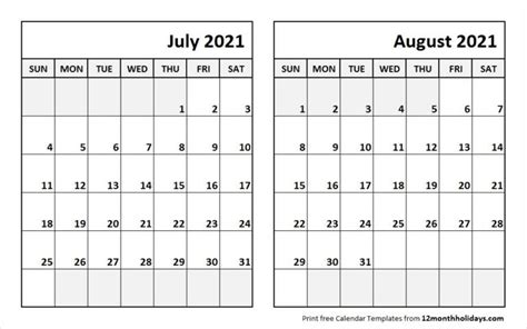 July August 2021 Calendar Template Calendar Template Printable