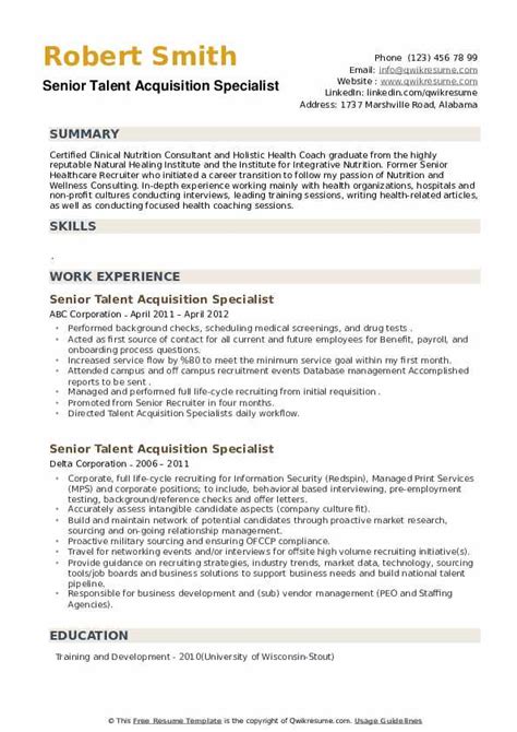 Senior Talent Acquisition Specialist Resume Samples Qwikresume