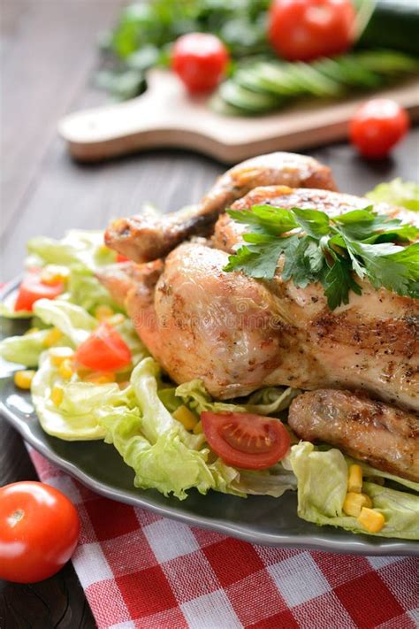 Roasted Chicken With Vegetable Garnish Stock Photo Image Of