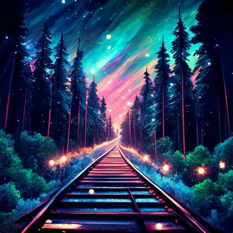 Train Tracks in the Forest at Night. Vector Illustration Stock ...