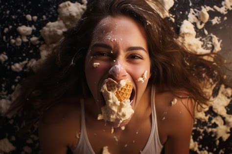 Premium Photo High Angle Woman Licking Ice Cream Cone