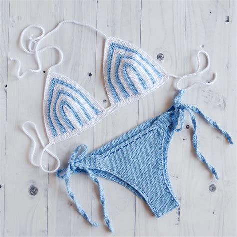 Striped Crochet Bathingsuit Brazilian Cheeky Triangle Bikini Set For