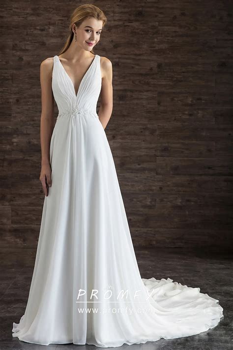 Long Chiffon Wedding Dress with Cathedral Train - Promfy