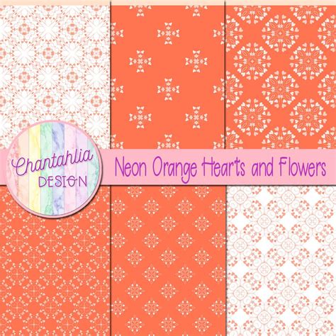 Free Digital Papers Featuring Neon Orange Hearts And Flowers Designs