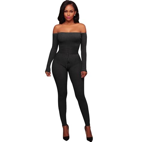 Sexy Knitted Bodycon Jumpsuit Women Off Shoulder Long Sleeve Drawstring Waist Slim Fit Rompers