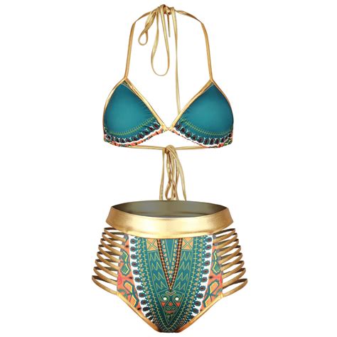 2017 2017 Sexy South African Golden Halter Bikini High Waist Swimsuit Two Pieces Swimwear Women