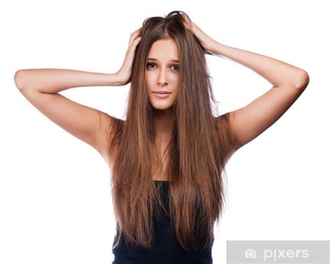 Wall Mural Beautiful Brunette Girl Looking At Splitting Ends PIXERS