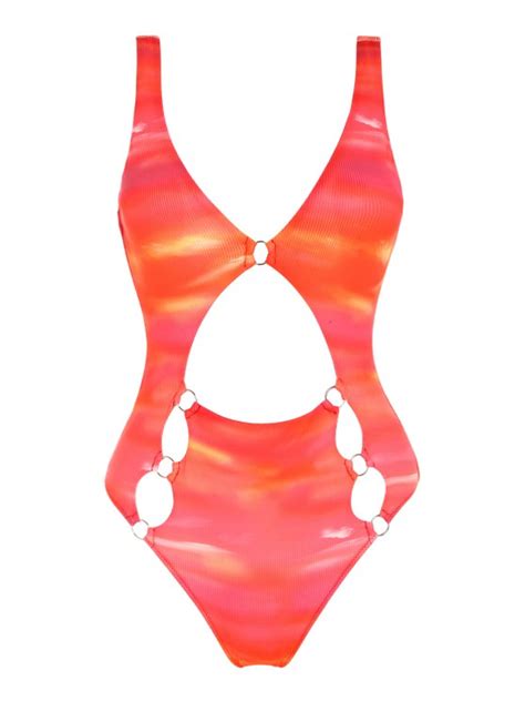 Zaful O Ring Cut Out Sunset Tie Dye Ribbed One Piece Swimsuit In Red Zaful 2024