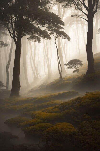 Un bosque con niebla y árboles Foto Premium