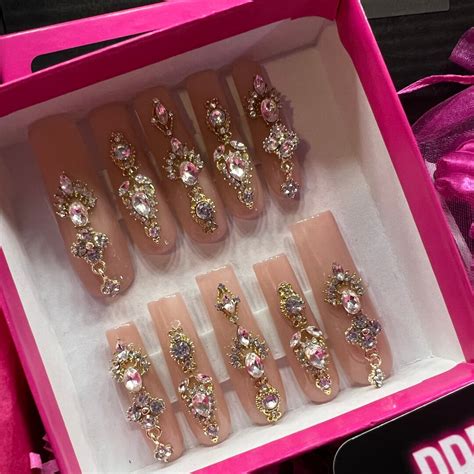 XXXL Square Nude Bling Press On Set Press On Nails Birthday Nails Gold Nail Charms Long Press