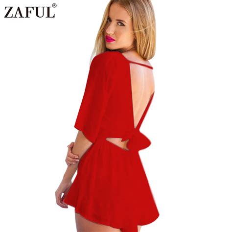 Zaful Sexy Red Chiffon Jumpsuit Romper Summer O Neck Solid Playsuit Sexy Backless Bow Half