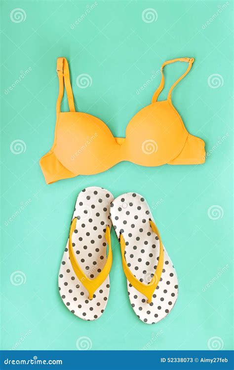 Summer Bikini Concept With Bikini And Flip Flop Sandals Stock Image Image Of Bright Stripe