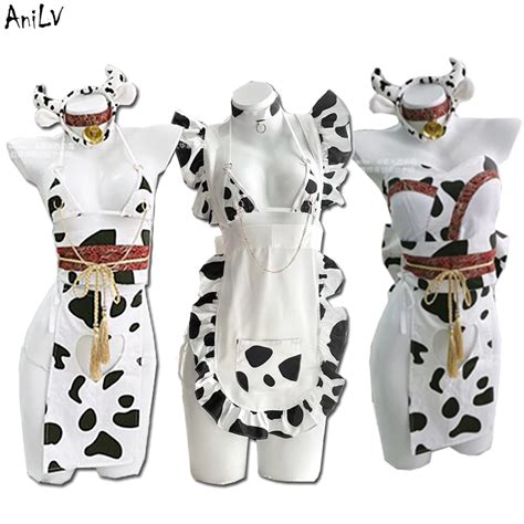 Anilv Anime Girl Cow Maid Unifrom Chain Bikini Swimsuit Women Love Hollow Pajamas Outfits