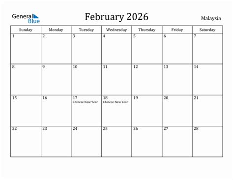 february  monthly calendar  malaysia holidays