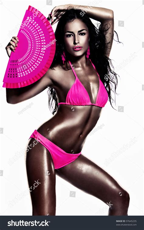 Beautiful Tanned Brunette Pink Bikini Holding Stock Photo Shutterstock