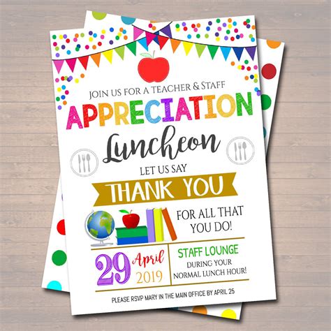 Editable Teacher Appreciation Staff Invitation Thank You Printable A