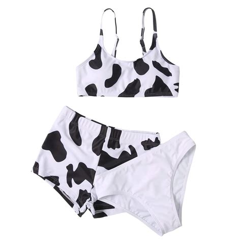 Girls 3 Piece Swimsuit Outfits Cow Print Suspender Shorts Bikini Bathing Suit Size 8 Years 14