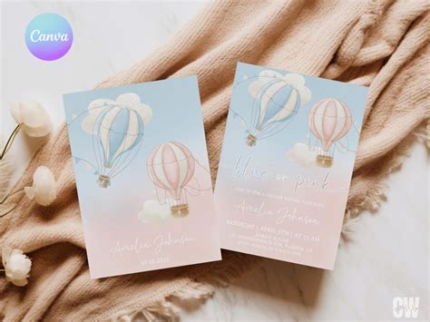 Hot Air Balloon Gender Reveal Invitation Cloud Baby Shower Invite He
