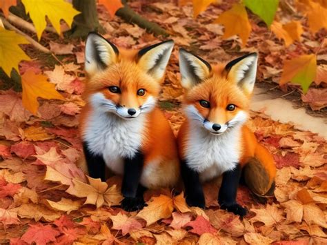 Premium AI Image Two Baby Foxes Sitting In Fall Leaves Ai Generated