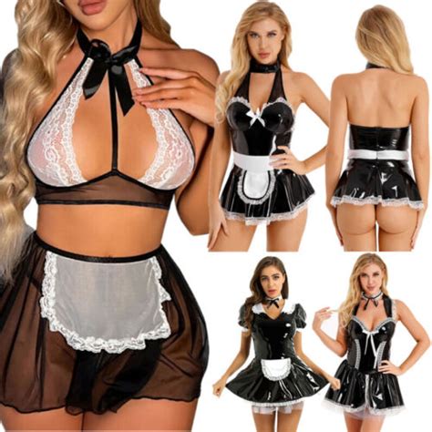 Women Sexy Lingerie Patent Leather French Maid Dress Cosplay Costume With Choker EBay