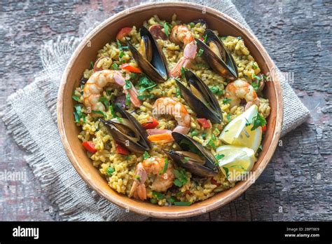 Bowl Of Seafood Paella Stock Photo Alamy