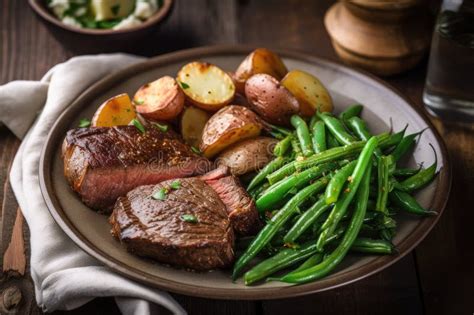 Classic Steak And Potato Dinner With Roasted Potatoes And Fresh Green