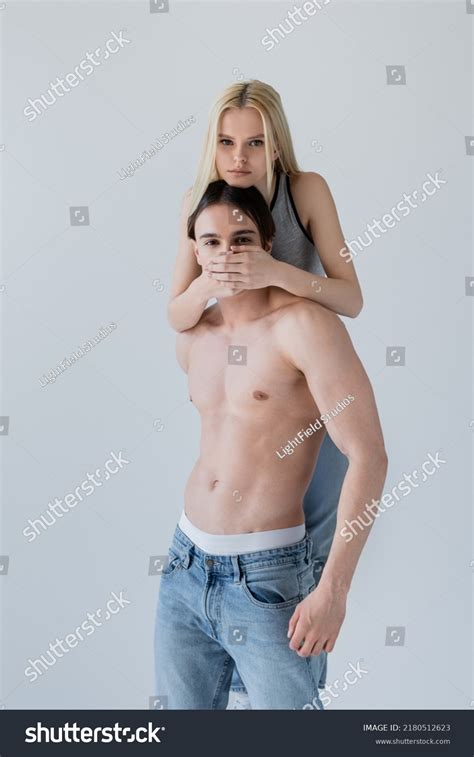 Pretty Blonde Woman Covering Mouth Shirtless Stock Photo 2180512623 Shutterstock