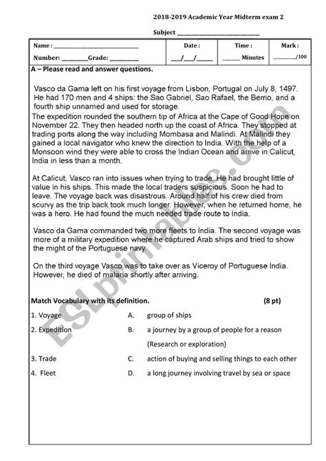 Midterm Exam Esl Worksheet By Fsmail