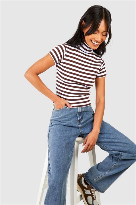 Basic Rib Funnel Neck Striped Short Sleeve Top Boohoo Uk