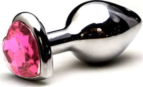 Plug Anal em Metal Grande Base Coração e Cristal Colorido Rosa