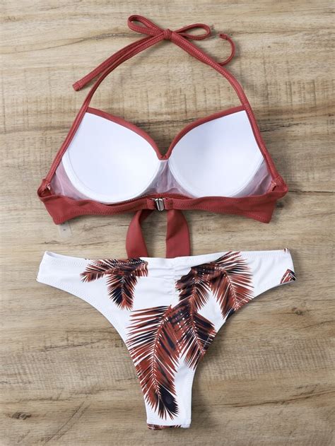 SHEIN Swim Vcay Conjunto De Bikini Con Estampado De Hojas De Palma Sujetador Push Up Con Nudo En