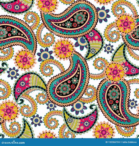 Seamless Paisley Background Colorful Flowers And Leaves On White Stock