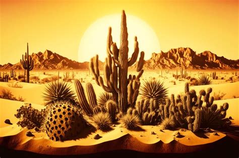 Premium Photo Scorching Hot Desert Landscape With Cactus And Sand Dunes Against Backdrop Of