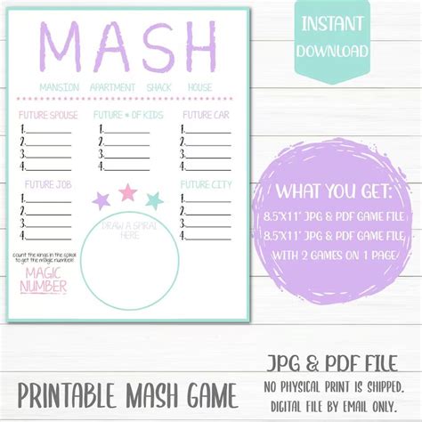 Mash Game Printable Mash Game Digital File Instant Download Etsy
