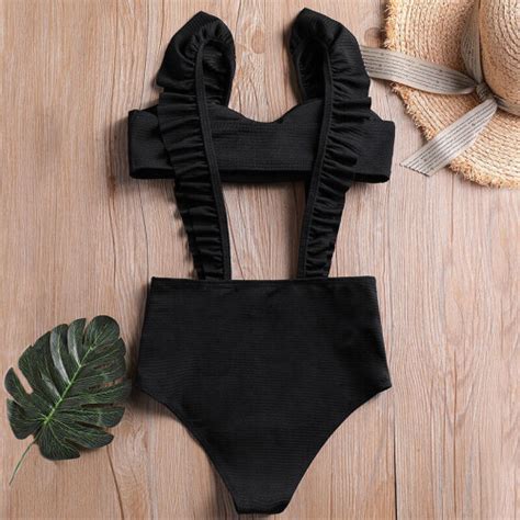 Female Sexy Bikini Set Swimming Two Piece Swimsuit Ruffle Shoulder Bib Pants Bandeau Swimwear
