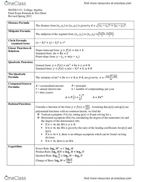 College Algebra Reference Sheet