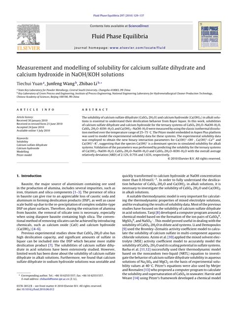 PDF Measurement And Modelling Of Solubility For Calcium Sulfate