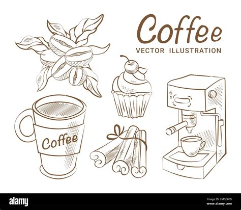 Sketch Coffee Set Hand Drawing Vector Coffee Machine Cinnamon Coffee