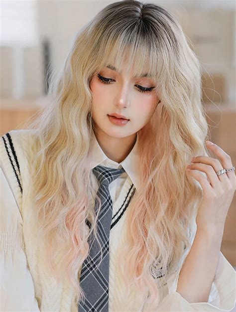 Pink Blonde Halloween Cosplay Party Synthetic Long Wavy Hair Wigs FloraShe