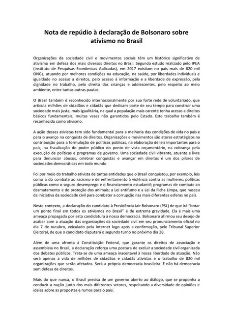 Pdf Nota De Repúdio à Declaração De Bolsonaro Sobre Ativismo