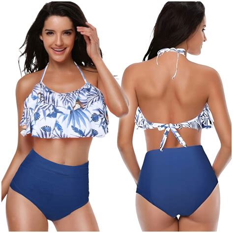 Strój Kąpielowy Bikini Wysoki Stan Falbanka Kokosy Niebieski S 5905204676929 Cena Opinie