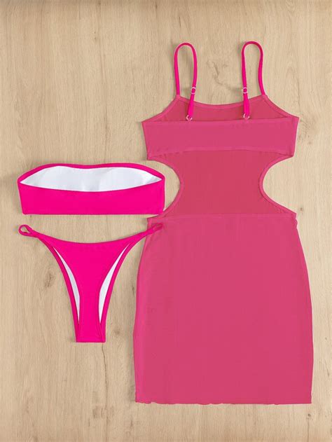 Conjunto De Bikini Transparente Sujetador Bandeau Y Parte Inferior De Tanga Y Vestido De Malla