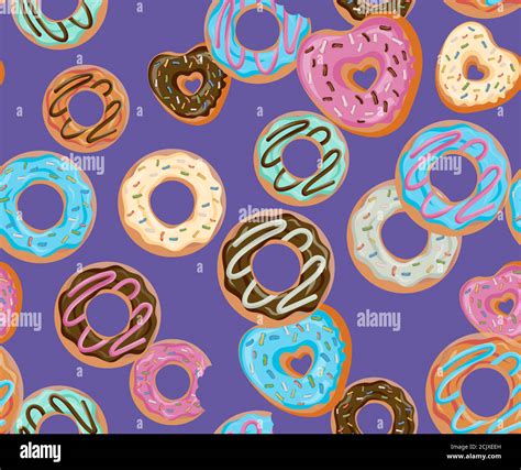 Glazed Donuts Seamless Pattern Set Bakery Vector Top View Doughnuts