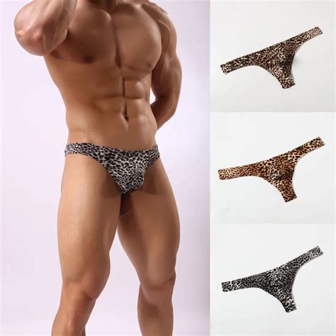 Men Ultra Thin G String Mesh Smooth Leopard Print Bikinis Thongs Gay